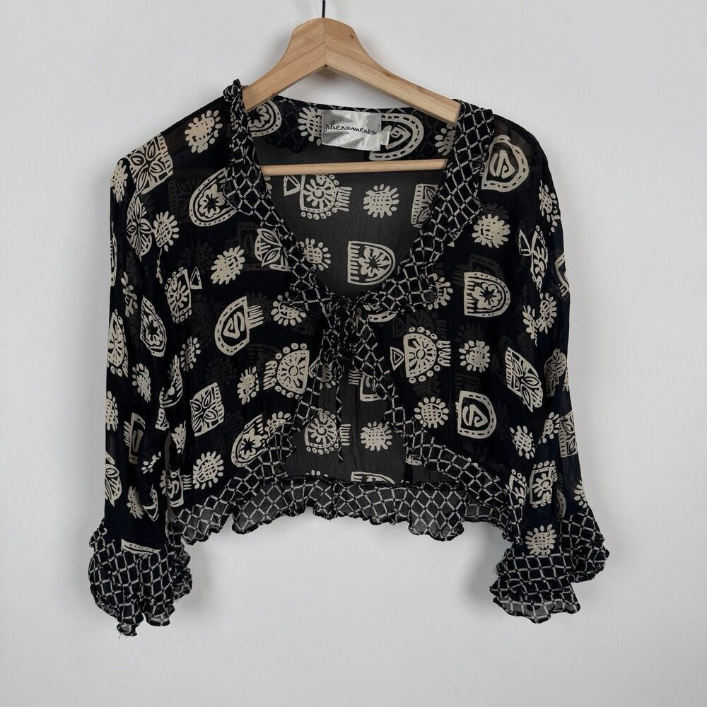 Phenomenon Womens L Black Floral Sheer Blouse Tie Front Bell Sleeve Whimsigoth